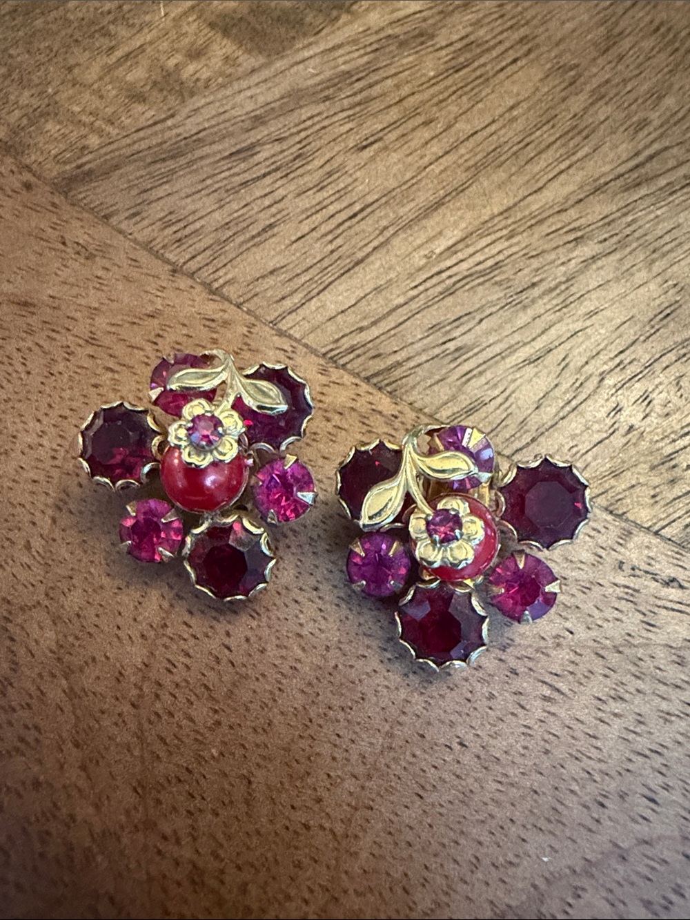 Weiss Gold-Tone Red & Fuchsia Crystal Floral Clip Earrings